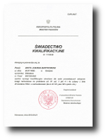 Minister Finansów - świadectwo kwalifikacyjne nr 11109/98